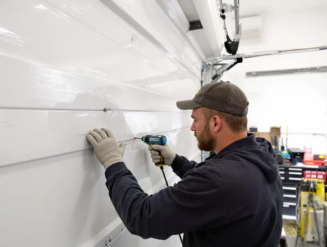 Norwich Garage Door Repair technician demonstrating precision dent removal techniques on a Norwich garage door