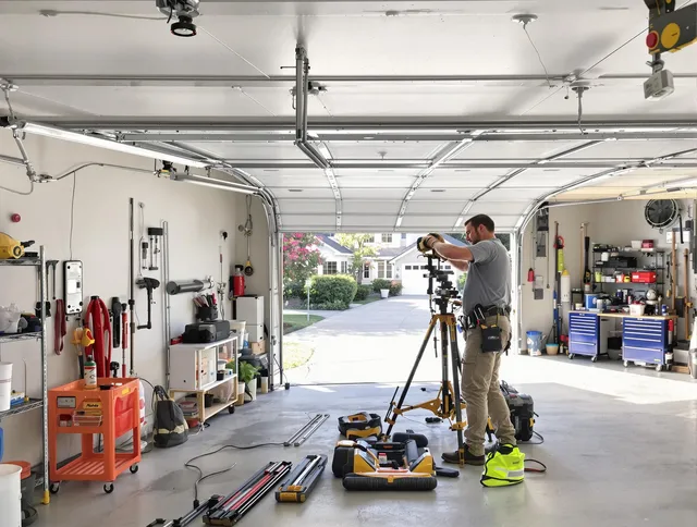 Norwich Garage Door Repair specialist performing laser-guided track alignment in Norwich